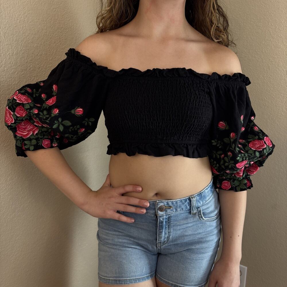 Herencia Collection Womens Black Floral Cropped Off Shoulder Linen Blend Top, M